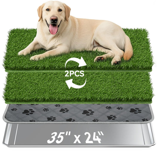 Dog Grass Pad with Tray Large, 35" x 24" Stainless Steel Dog Litter Box with 2 Premium Grass Pads & Reusable Pee Pad - Durable, Rust-Proof, Easy Clean Dog Toilet for Large Dogs Indoor Outdoor Use