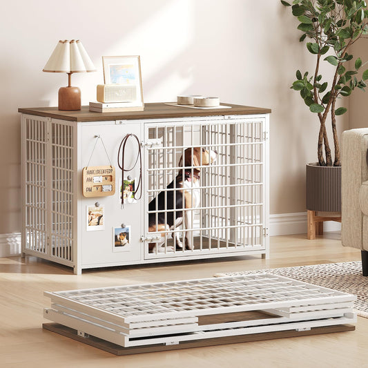 YATINEY Foldable Dog Crate Furniture, Dog Crate with DIY Frame, Heavy Duty Dog Kennel Indoor with Hooks, Wooden Dog Cage End Table, for Small/Medium Dogs, White and Walnut DC95WH