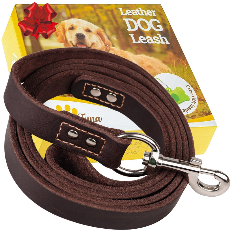 ADITYNA Leather Dog Leash 6 ft x 3/4 inch - Soft, Strong, Heavy Duty for Large & Medium Breeds - Dog Lead for Walking, Training, Hiking and Running (Brown)