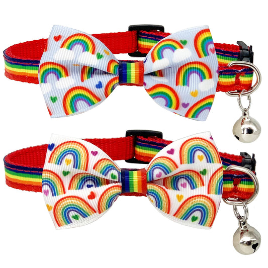 Casidoxi 2 Pcs Rainbow Cat Collar Breakaway with Bell, Pride Cat Bow Tie Collars for LGBT Pride Month Cats Puppy Pride Apparel