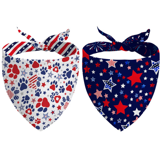 4th of July Dog Bandana Reversible 2 Pack Small, Red White and Blue Dog Paw Star Patriotic Dogs Bandanas Set Adjustable Triangle Holiday Scarves for Memorial Day Small Medium Boy Girl Dogs