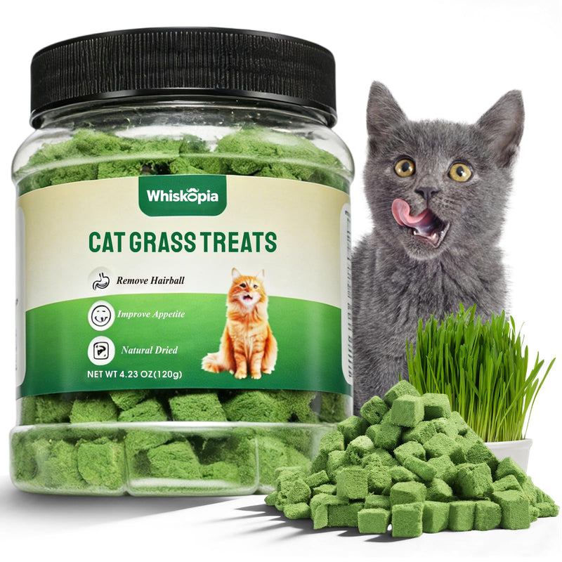 Whiskopia 4.23oz Cat Grass Treats for Indoor Cats Freeze-Dried Cat Grass Pellets for Hairball Control, Gut Health & Dental Care Natural Chicken & Egg Yolk Kitten Crunchy Training Snacks