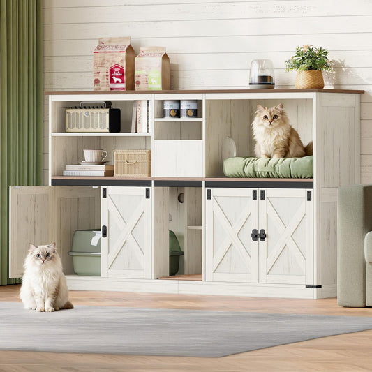 Hzuaneri Double Cat Litter Box Enclosure for 2 Cats, Cat Cabinet with Large Storage Space, Hidden Litter Box with Scratch Pad, Farmhouse Cats House, TV Stand End Table, Rustic Brown and White CB97014X