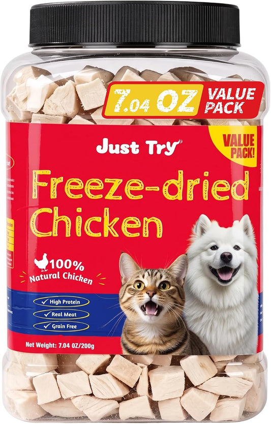 Just Try 7.05 oz Freeze Dried Chicken Cat & Dog Treats Food Topper Raw Single Ingredient High Protein Grain Free Healthy Dog Training Treats