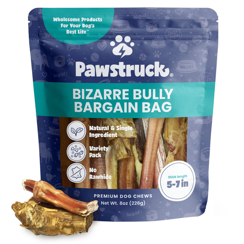 Pawstruck Natural Bizarre Bully Sticks Bargain Bag for Dogs and Puppies – Variety Pack of 5–7