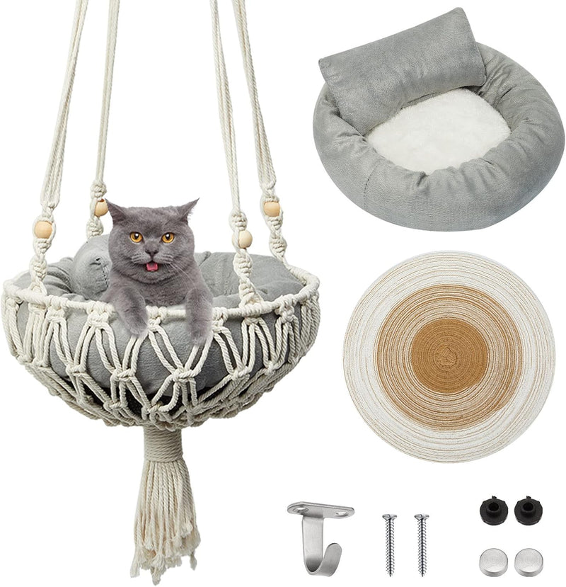 Juexica 3 Pcs Macrame Cat Hammock, Including Hanging Kitten Bed Scratcher Scratch Pad Swing Bed for Small Cat Small Dog(