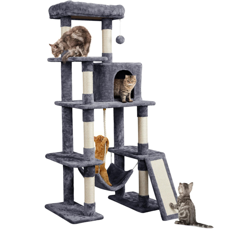 Yaheetech 63in Large Cat Tree for Heavy Cats up to 22lbs, Anti-Wobble Tower with Condo & Hammock, Space-Saving for Indoor Multi-Pet Households, Stops Furniture Scratching