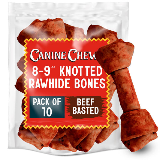 Canine Chews 8-9 Inch Beef Basted Knotted Rawhide Bones for Large Dogs - Durable Rawhide Bones for Medium and Large Dogs - Long Lasting Dog Rawhide Bones with for Aggressive Chewers - 10 Pack