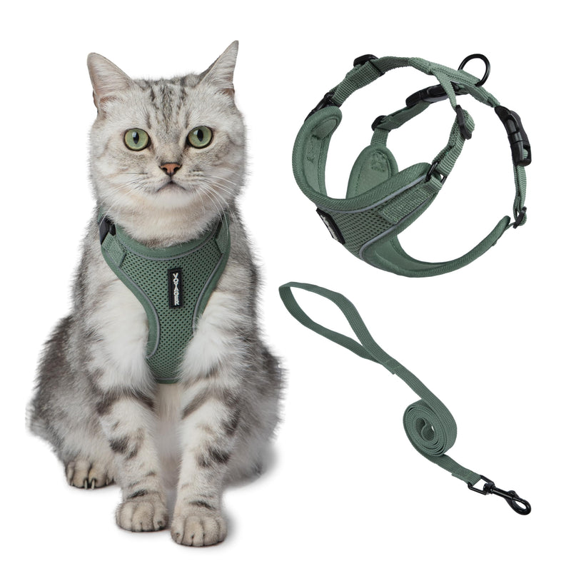 Voyager Escape-Proof Step-in Lock Cat Harness & 5ft Neoprene-Handle Leash Set All-Weather Mesh with Reflective Stitching for Small to Large Cats by Best Pet Supplies, Moss Green (327), XS