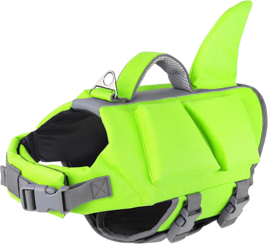 Dogcheer Dog Shark Life Jacket with Extra Foam, High Buoyancy Dog Life Vest with Rescue Handle for Swimming Boating, Reflective Adjustable Puppy Swim Vest for Small Medium Large Dogs, Green - XS