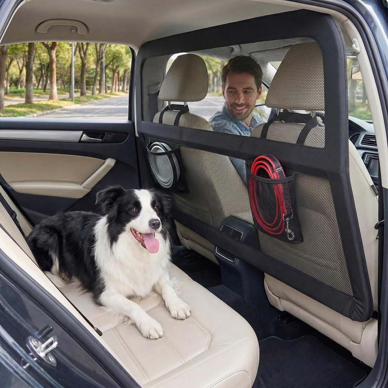 Heavy Duty Dog Car Barrier with Sturdy Metal Frame, Wider Coverage Pet Divider Net for Back Seat & Cargo Area, Universal Fit for Cars SUVs Trucks, Claw-Proof Transparent Mesh for Cool Airflow