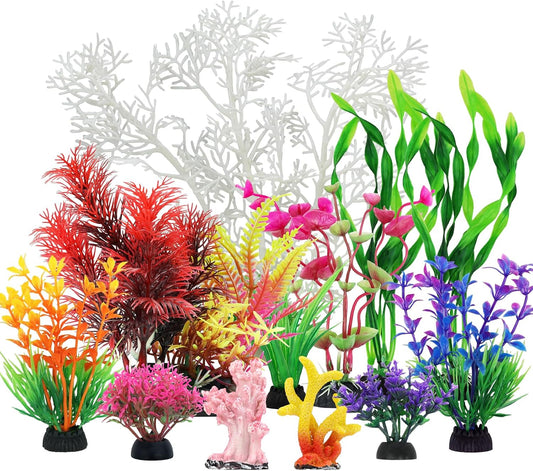 QUOZUO Aquarium Decorations Plants with Resin Coral, 12 pcs Fish Tank Accessories, Fish Tank Decorations Small Plants Pl