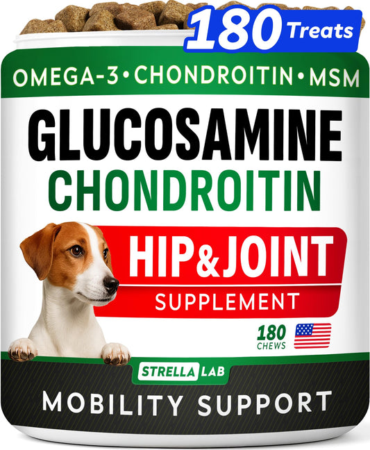 Glucosamine for Dogs w/Chondroitin - Hip & Joint Supplement for Dogs w/Omega-3 Fish Oil - Chondroitin MSM - Advanced Mobility Chews - Joint Pain Relief - Hip & Joint Care - Made in USA (180Ct)
