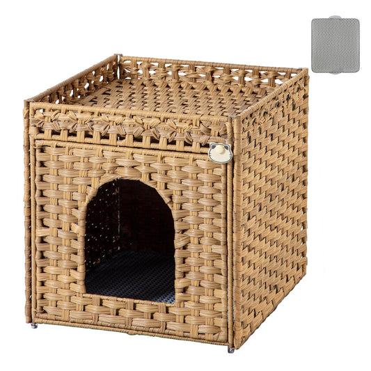 SETVSON Cat Litter Box Enclosure Furniture, Hidden Litter Box with Mat and Fence, Handwoven Rattan Cat House with Two S-Shaped Hooks for Living Room, Bedroom, 18.5 x 20.5 x 19.1 Inches (Natural)