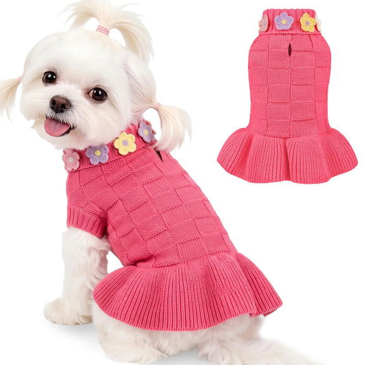 YUDODO Dog Sweater Dress for Small Dogs Girl, Knit Pet Clothes with Flower