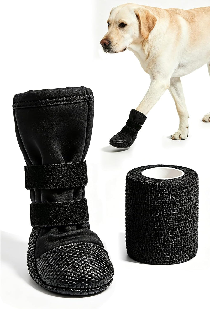 Dog Paw Wound Recovery Boot with Self-Adhering Pet Bandage, Breathable Paw Protector Kit for Injured Paws,Anti-Slip Shoe