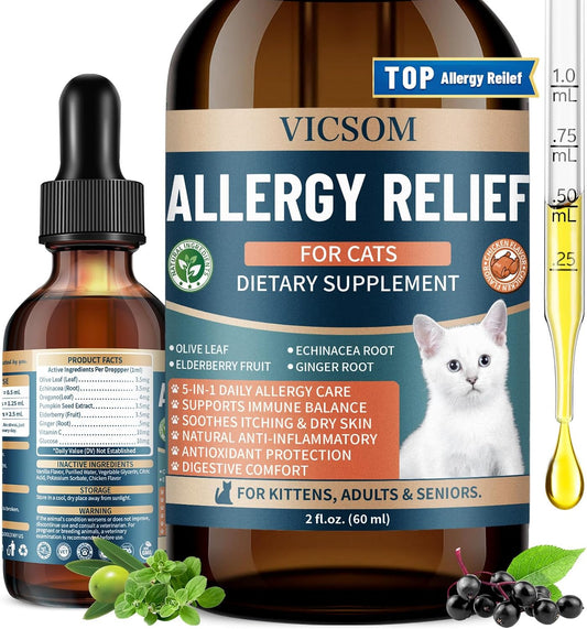 Cat Allergy Relief for Cats, Seasonal Skin Allergy Relief for Cats Itchy Skin, Paws, Eyes, Ears, Stop Licking & Scratching, Calms Dry Skin, Matted and Shedding Fur, Cat Immune Support, 60ml