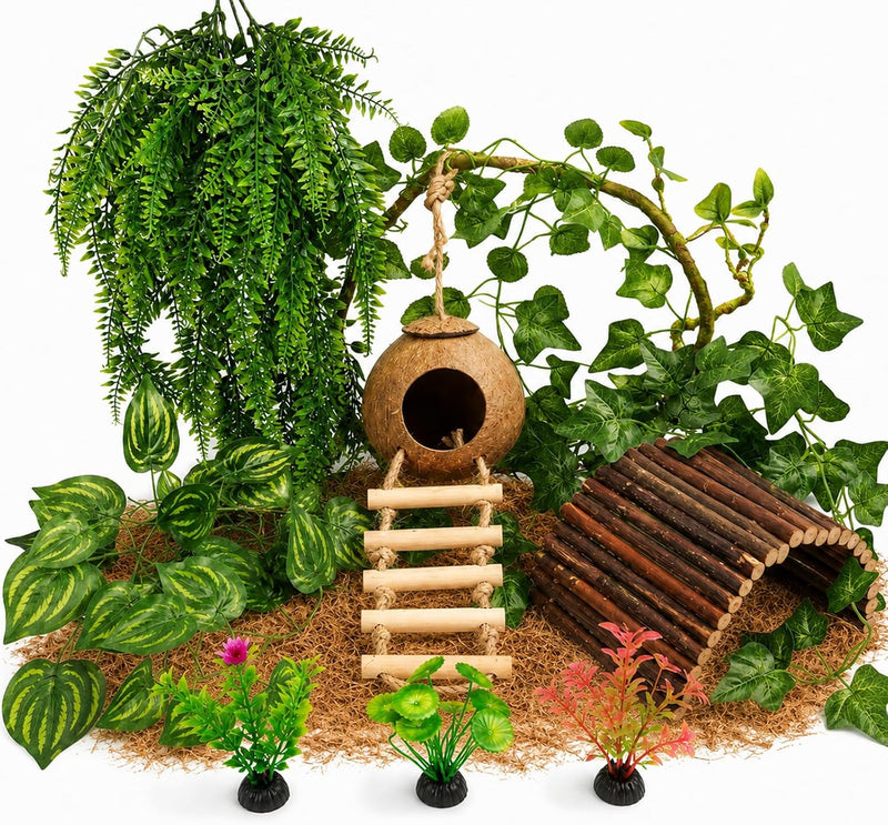 RUNANIA Crested Gecko Tank Accessories，Reptile Vines Plants with Coconut Shell Ladder Hideout Hermit Crab Decor for Leop