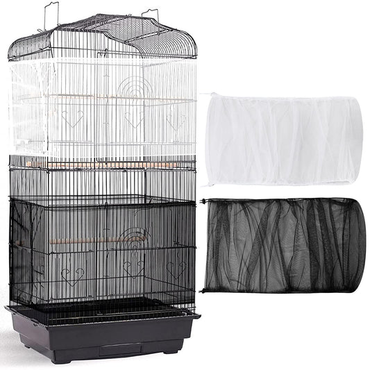 Shappy 2 Pieces Adjustable Bird Cage Seed Catcher Birdcage Cover Nylon Mesh Netting Soft Skirt Guard for Parrot Parakeet Macaw Round Square Cage(78 x 14.6 Inch in Circumference and Width,White, Black)