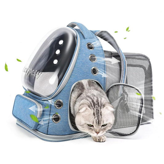 Cawypety Expandable Cat Backpack,Cat Bubble Backpack Carrier for Carrying Cats, Pets and Small Dogs,Airline-Approved,Designed for Travel, Hiking, Walking,Car （Blue