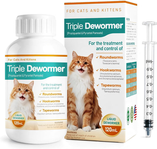 Cat Dewormer Liquid - Triple Dewormer with Pyrantel Pamoate & Praziquantel for Tapeworms, Roundworms & Hookworms, Easy-to-Give Broad-Spectrum Liquid for Cats,120 mL (4.2 fl oz)