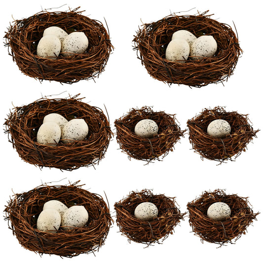 TILZIKA Bird Nest Decor for Crafts, 24-Piece Set with 8 Rattan Nests (2.36/3.15 in Dia) and 16 Faux Eggs (About 1.18 in L), Brown Tan for Wreaths Centerpieces Shelves
