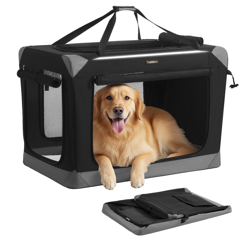 Feandrea Collapsible Dog Crate, Portable Oxford Fabric Pet Travel Crate with 4 Mesh Doors, Handles, Pocket, 36 Inches, for Large Dogs, Ink Black and Dove Gray UPDC029BH01