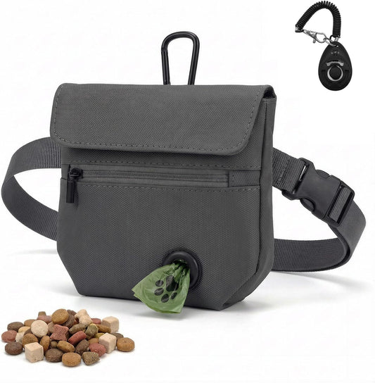 Shmidgoo Dog Treat Pouch and Dog Training Clicker, Treat Bag with Poop Bag Dispenser, Powerful Magenetic Clasp, Metal Clip Waist Belt Fanny Pack for Pet Walk Dog Training (Dark Grey)