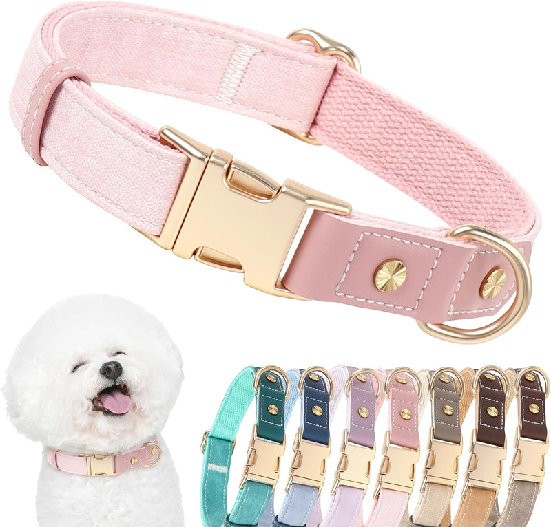 DOGWONG PU Leather Dog Collars for Small Dogs,Classic Adjustable Pink Dog Collars with Quick Release Metal Buckle,Easy C