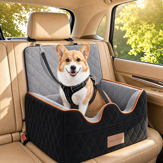 wagnation Dog Car Seat for Small/Medium Dogs Under 35lbs, Pet Booster Seat with 4In Memory Foam Cushion, Fully Detachable and Washable, Travel Dog Carseat with Storage Pocket and Safety Belt