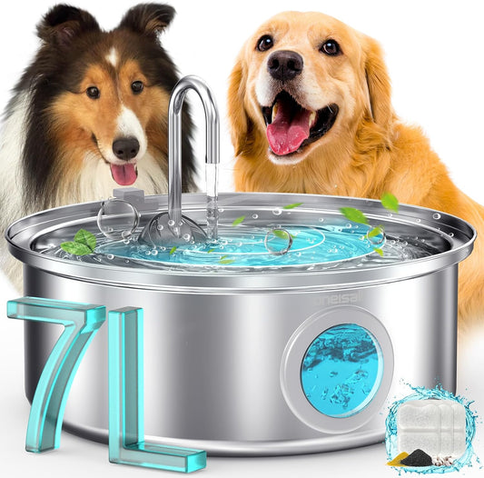 oneisall Dog Water Fountain,7L/230oz Pet Fountain Stainless Steel with Visual Water Level,Ultra-Quiet Water Bowl with 5-Stage Filtration for Large/Medium Dogs,Dispenser for Living Room Kitchen