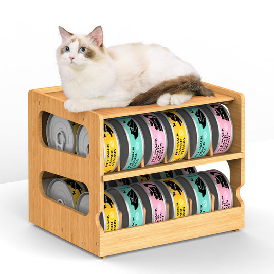 Teamkio Stackable Bamboo Cat Food Organizer, 2-Tier Adjustable FIFO Can Dispenser Space-Saving Storage, Holds Up to 36 Cans - Ideal for Pantry, Cabinet, Countertop