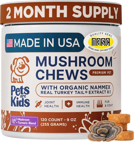 Pets are Kids Turkey Tail Mushroom for Dogs with Organic Real Turkey Tail™ - 8:1 Extract Mushroom Chews for Lumps & Bumps, Immunity, Gut, Skin, Joint & Spine Support - Reishi, Lion’s Mane - 120 Chews