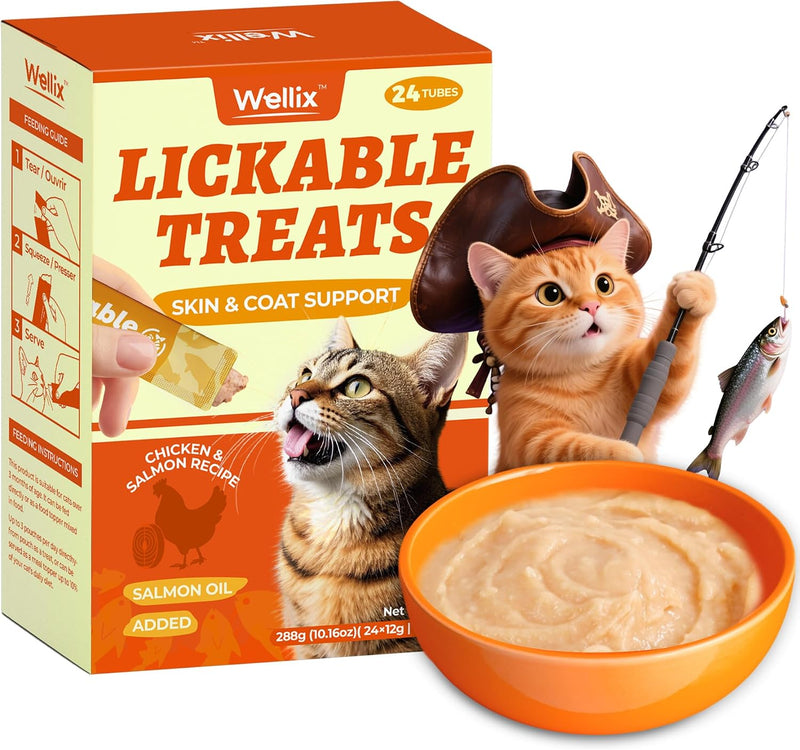 Wellix Lickable Cat Treats Salmon Oil & Chicken Flavor Cat Snacks (24 Tube)