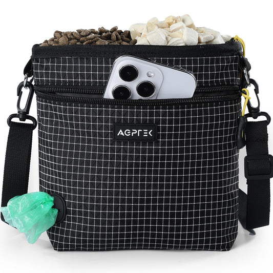 AGPTEK Dog Treat Pouch, Magnetic Dog Walking Pouch with Removable & Split Snack Bag, Water-Resistant Waist Pack with Poop Bag Dispenser & Hands-Free D-Ring for Training, Walking, Hiking, Run, Black