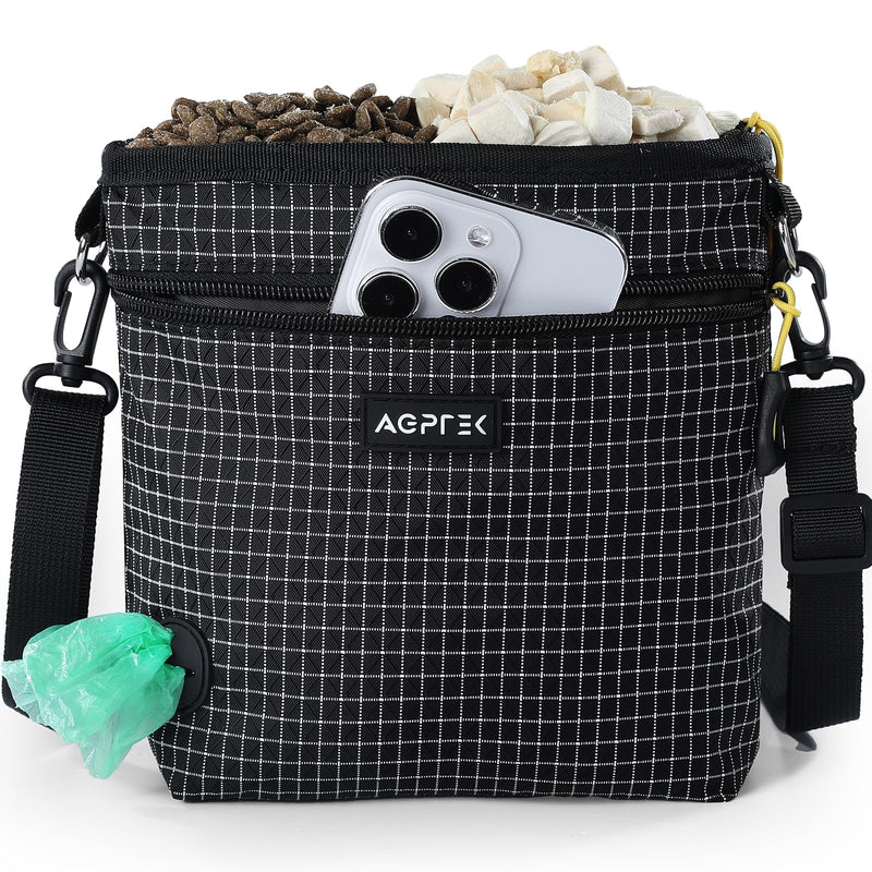 AGPTEK Dog Treat Pouch, Magnetic Dog Walking Pouch with Removable & Split Snack Bag, Water-Resistant Waist Pack with Poop Bag Dispenser & Hands-Free D-Ring for Training, Walking, Hiking, Run, Black