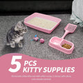 PAWISE Small Cat Litter Box,14.3 x 10.6 x 2.5 Kitten Litter Box Starter Kit,Low Entry Baby Kitten Training Litter Box with Scoop, Bowls,Cat Mouse Toy and Ball Toy,First Catty Owner Essentials(Pink)