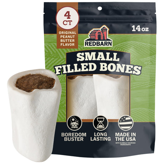 Redbarn Pet Products Small Filled Dog Bones, Peanut Butter Flavor - Long Lasting Stuffed Femur Chew Treat Made in USA - 4 Count - Packaging May Vary