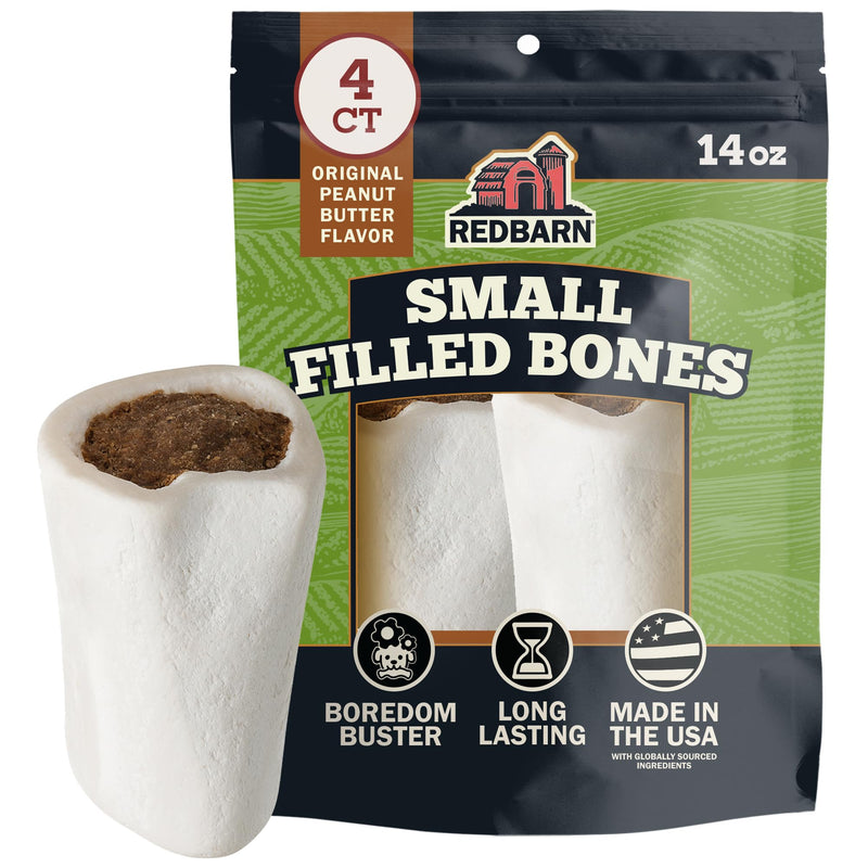 Redbarn Pet Products Small Filled Dog Bones, Peanut Butter Flavor - Long Lasting Stuffed Femur Chew Treat Made in USA - 4 Count - Packaging May Vary