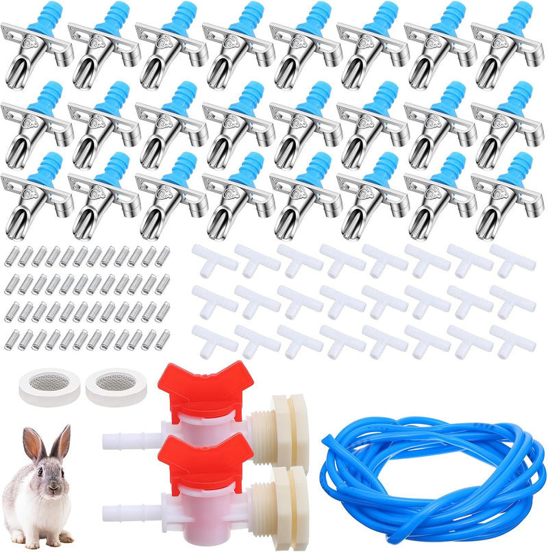 24 Pack Automatic Rabbit Waterer System Kit with 24 Drinking Nipples, 20ft Hose, Valves & Filters for Small Animal Cages