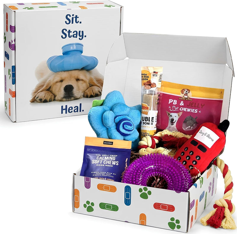 Get Well Soon Dog Gifts, Dog Care Package, Puppy Gift Basket with 3 Dog Treats and 4 Toys, Adorable Puppy Gift Basket, P