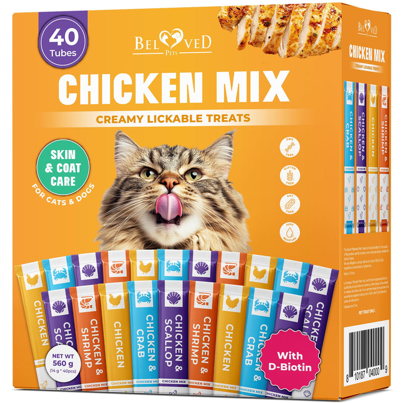 Beloved Pets Creamy Lickable Cat Treats & Wet Food Squeeze Tubes – Liquid Kitten Snacks, Skin & Coat Health, Multivitamin Treats for Cats, & Small Dogs, Lick Up 40 Chicken Mix