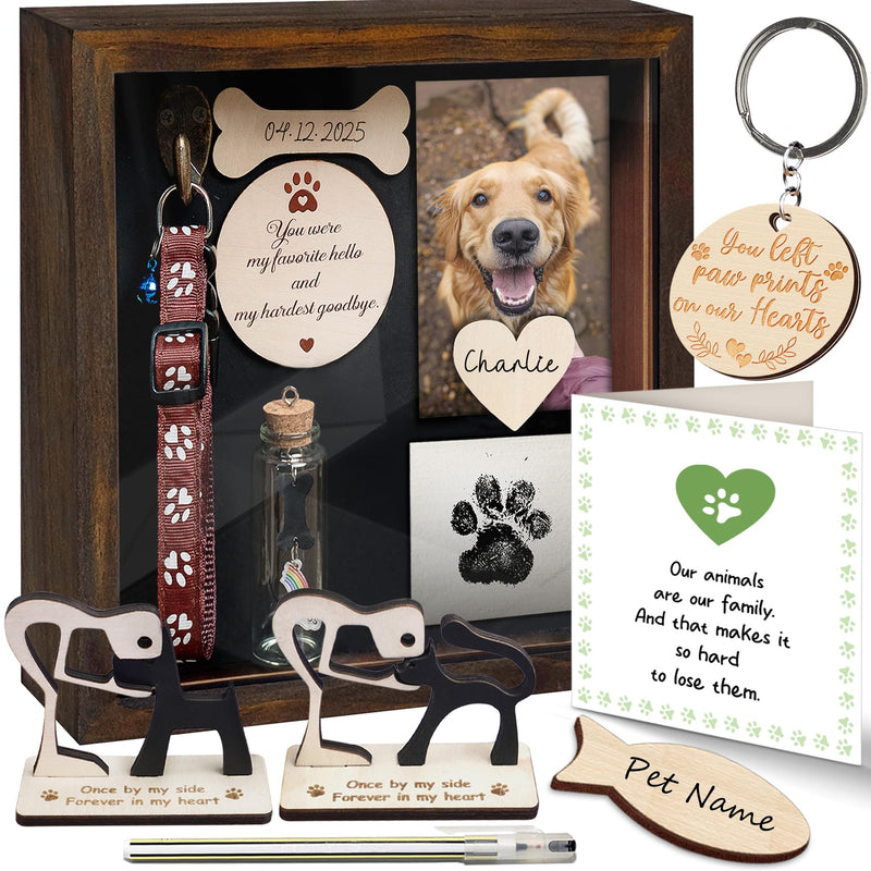 8.6'' Pet Memorial Shadow Box, Rustic Collar Holder Picture Frame, Paw Print Kit, Dog Wooden Sculpture, Pet Hair Fur Jar, Cat Memorial Keychain, Dogs Sympathy Card, Gift for Pet Lovers PSD-4R