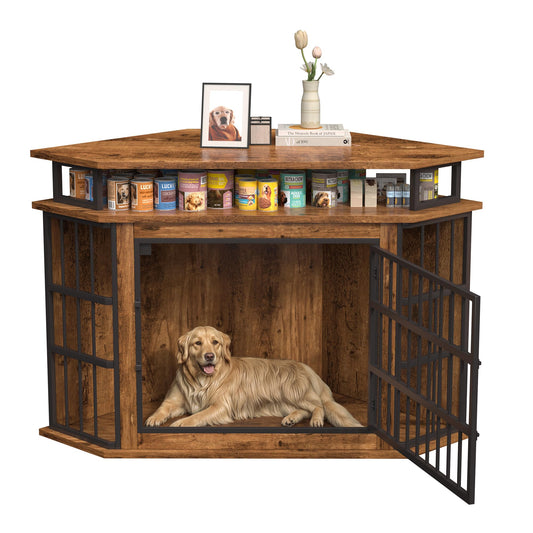 Corner Dog Crate Furniture with 2-Tier Shelves，51" Large Dog Kennel with Storage Indoor Wooden TV Stand, Modern Dog Cage Decorative Pet House, Rustic Brown
