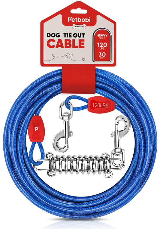 Petbobi Dog Tie-Out Cable 30ft -Heavy Duty Dog Lead Up to 120 lbs, Outdoor Leash Metal Cable with Shock Spring 360° Swivel Clips, for Yard Camping, Fit Small Medium Large Pets, Blue