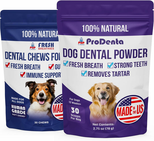Pup Labs ProDenta & Fresh Breathies Bundle, All-Natural Dog Breath Fresheners, Dental Powder & Chews for Clean Teeth, Fr