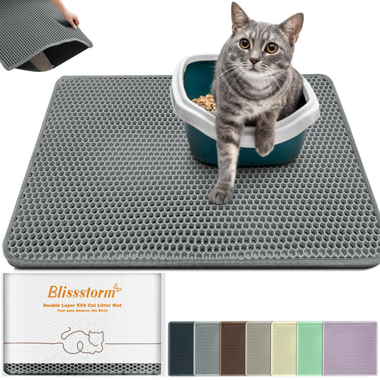 blissstorm Waterproof Cat Litter Mat - New 24x16 Inch Honeycomb Double Layer Traps Litter, Waterproof & Non-Slip Floor Protector, Easy Clean, Odor-Free, Dark Gray