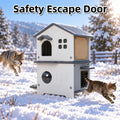 Insulated Outdoor Cat House Weatherproof for Feral Multi Cat, 2 Story Plastic Elevated Cat Shelter with Escape Door, Scratching Post, Stainless Steel Bowl, Grey 21.5" D x 21" W x 34" H