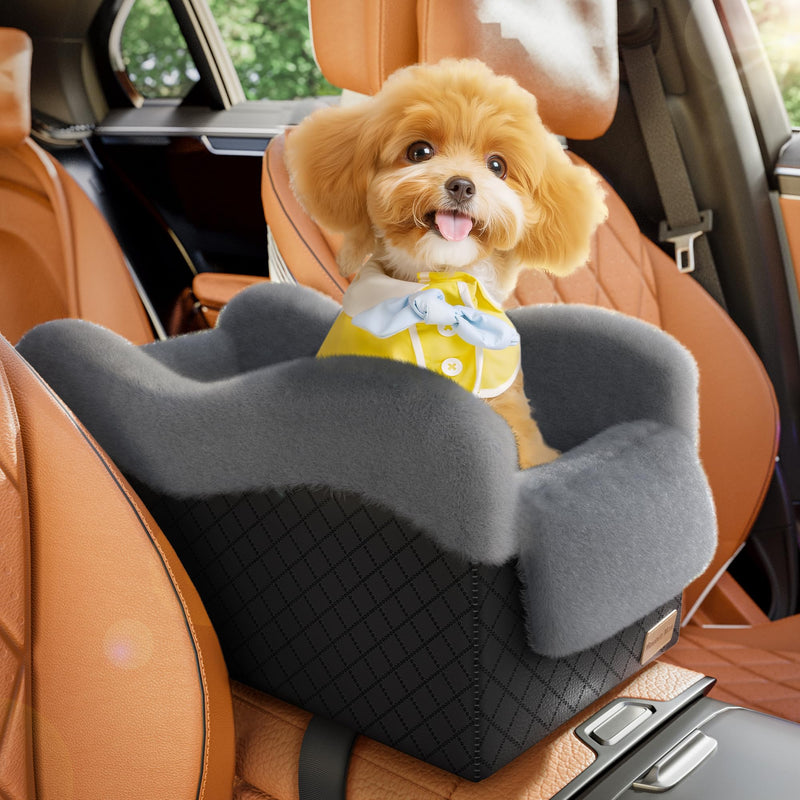 Mavora Max Portable Small Dog Seat for Car, Luxury Center Console Dog Car Seat Booster with Safety Tethers, Anti-Collapse Pet Travel Carseat for SUV, Truck (Black/Grey)