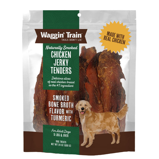 Waggin' Train Smoked Chicken Jerky Tenders for Dogs with Turmeric and Human Grade Bone Broth, Grain and Corn Free, High Protein, Premium Limited Ingredient 100% Real Chicken Dog Treats, 24 oz. Pouch